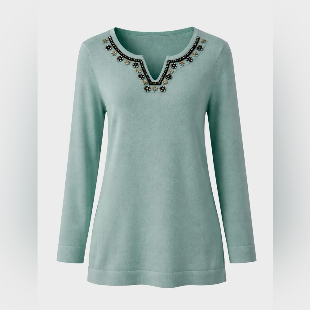 Soft Surroundings Sweater Cashmere Cotton blend Embellished Rhinestone Bead blue